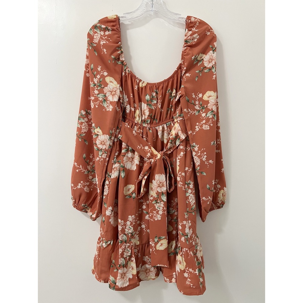 Blu Pepper Dress Terracotta Multi Floral Square Neck Tie Waist Ruffle Mini Large - Picture 5 of 8